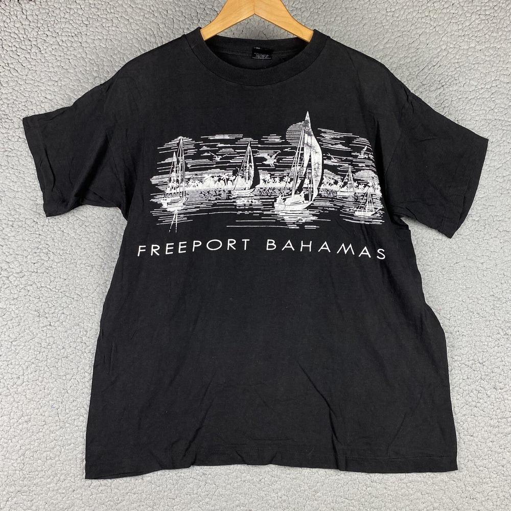 VTG Freeport Bahamas T-Shirt Size XL Black Windswept Sailboats 90s Single Stitch